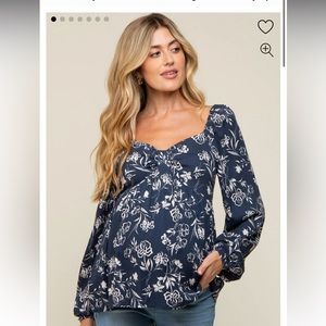 Pink Blush Navy Floral Sweetheart Neck Long Sleeve Maternity Top
